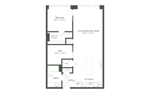 Floor plan for 1 bed, 1 bath, 896 sqft